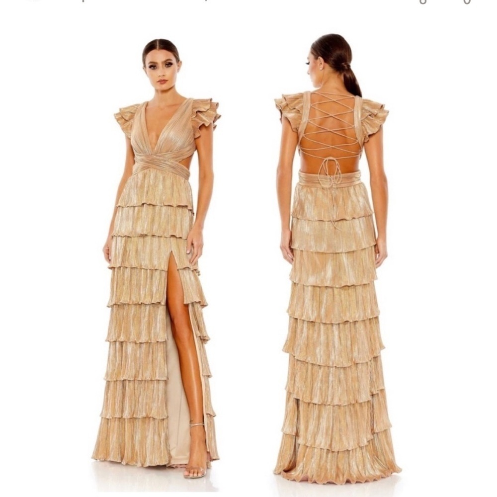 Mac Duggal Gold Ruffle Tiered Criss Cross Lace Up Gown Formal Evening Women’s 10